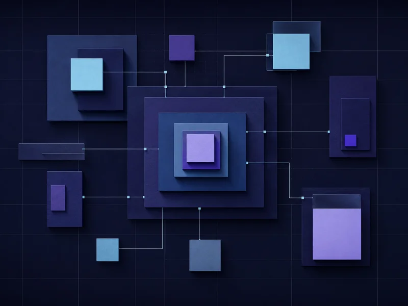 Nested structured-data blocks connected by reference lines in a monospace-inspired grid