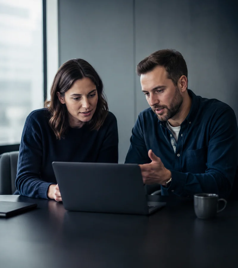Two people reviewing a website together on a laptop in a quiet meeting room